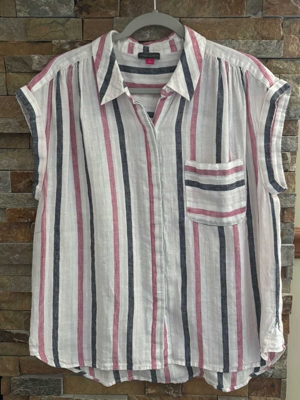 Vince Camuto Striped 100% Soft Linen Button-Down Top, Large-Coastal-Beach-Resort